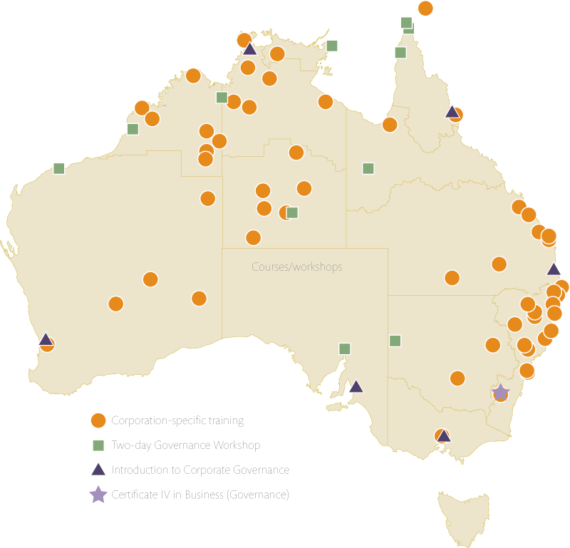 map showing the locations of each type of corporate governance training provided to Aboriginal and Torres Strait Islander corporations in 2016–17