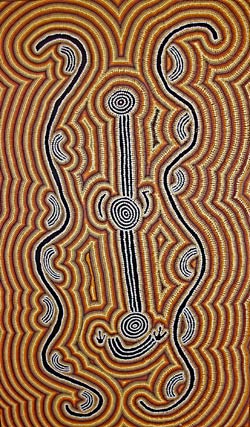 Bush tomato dreaming, painted by Thomas Jangala Rice, Mt Theo chairperson.