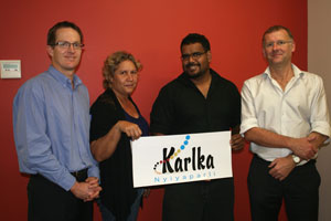 Karlka under new management. The Registrar, Anthony Beven, with directors Christina Stone and Bradley Hall holding the corporation’s new logo design, and special administrator Jack James. The corporation has also moved into new premises in Port Hedland’s business district