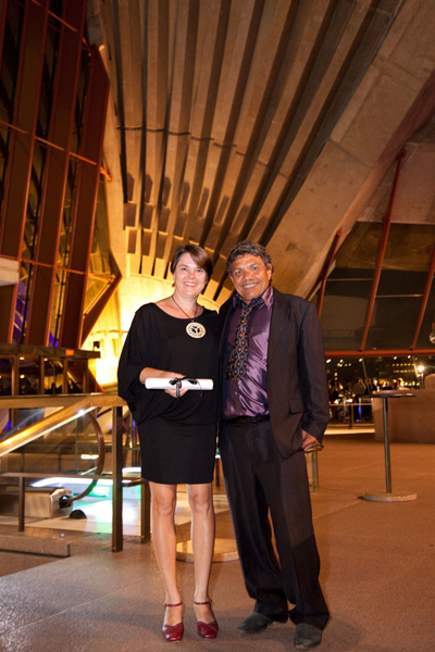 Djilpin Arts’ artistic director Tom E Lewis with Tania Dennis from InsideOUT Architects at the award ceremony.