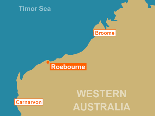 Map of Australia with city of Roebourne showing