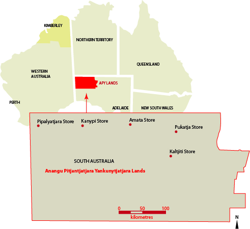 Map of the APY Lands showing the Mai Wiru stores