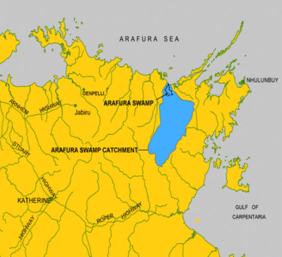 Map showing where Arafura swamp is in Katherine, Australia.