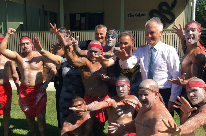 Prime Minister Malcolm Turnbull with staff, board members and residents of The Glen, drug and alcohol rehabilitation centre run by Ngaimpe Aboriginal Corporation