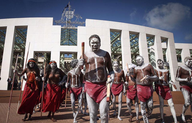 Yolngu people perform a Djang'kawu ceremony at Parliament House in Canberra, as part of a campaign to stop domestic violence