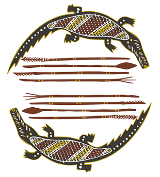 Two saltwater crocodiles in a ring around 8 spears, representing the main totem and families of Larrakia Nation