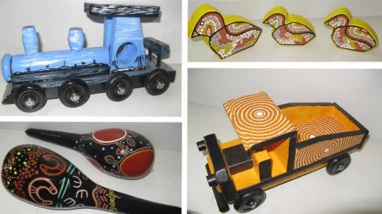 Toys made by former young Aboriginal detainees: truck, train, shakers and ducks