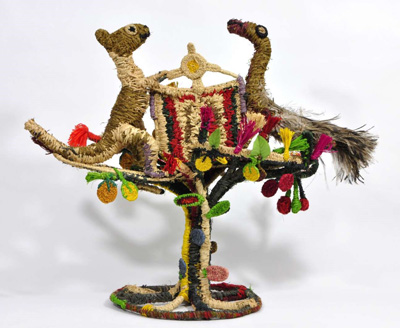 Fibre artwork of the Australian Coat of Arms featuring the emu and kangaroo as well as bush foods