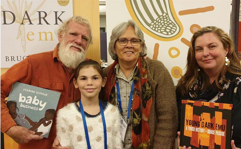Edie Wright with granddaughter Harriet and authors Bruce Pascoe and Jasmine Seymour at the 2019 conference of the Children’s Book Council of Australia