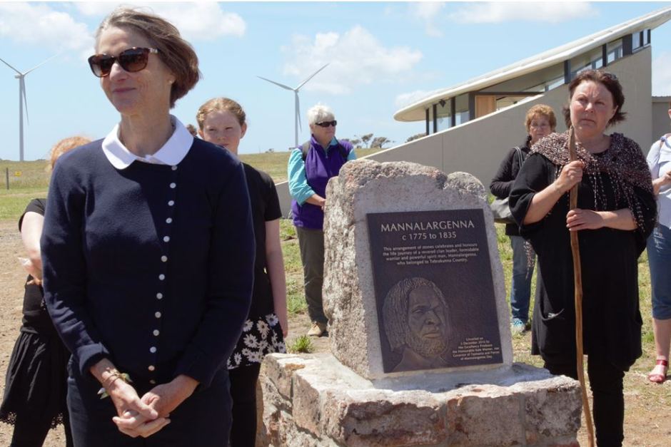 Governor of Tasmania, Professor The Honourable Kate Warner AC, having just unveiled the memorial to Mannalargenna at the Tebrakunna Visitors Centre, 2016