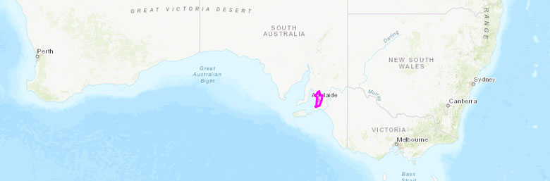 Map showing the southern part of mainland Australia with Kaurna country outlined in pink