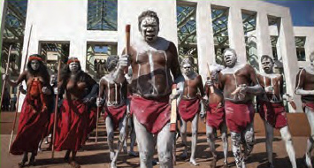 Yolngu people perform a Djang'kawu ceremony at Parliament House in Canberra, as part of a campaign to stop domestic violence