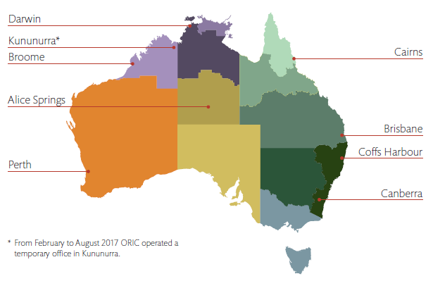 Map of Australia showing regional network areas and locations for each of the nine ORIC offices