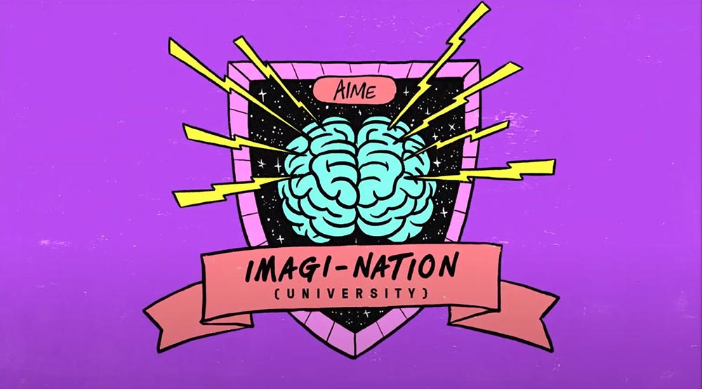 Illustration for IMAGI-NATION university showing a shield with a brain being struck by yellow lightning rods