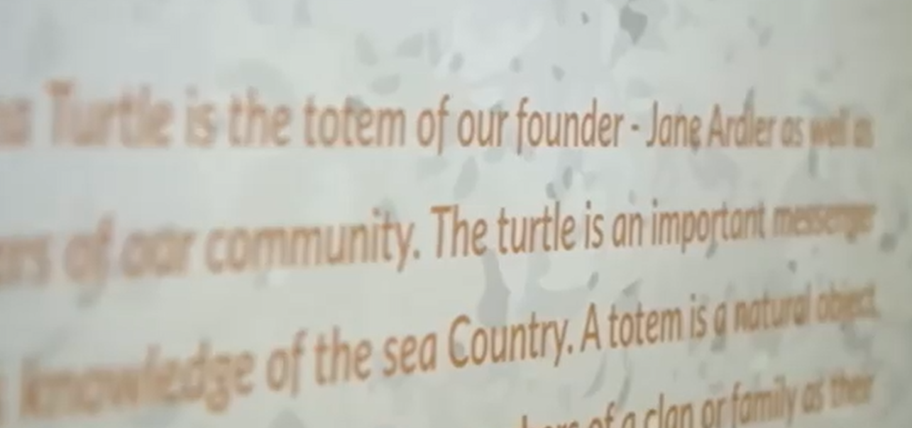 Writing on a wall, blurry at the edges. Readable text says 'Turtle is the totem of our founder - Jane Ardler as well as ... community. The turtle is an important messenger ... knowledge of the sea Country. A totem is a natural object.'