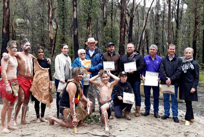 Members of the Mingaan Wiradjuri community celebrate completion of stage one of their bushfire recovery project. Photo: Mingaan Wiradjuri Aboriginal Corporation.