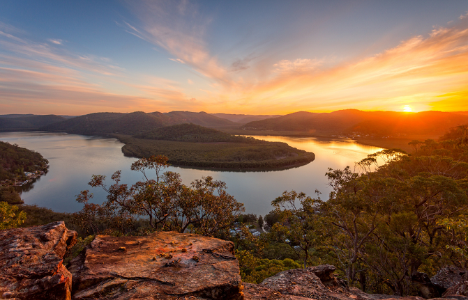 A river bend at sunset