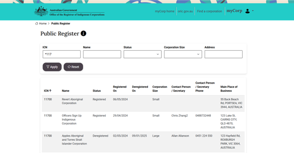 A screenshot of a webpage. A yellow banner across the top has the ORIC logo and a menu. Below that is the text Public Register and text boxes for ICN, Name, Status, Corporation size and Address. Below is a list of search results showing a list of Indigenous corporations