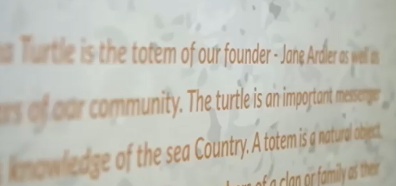 printed writing on a wall. the edge are blurred and the top line reads Turtle is the totem of our founder