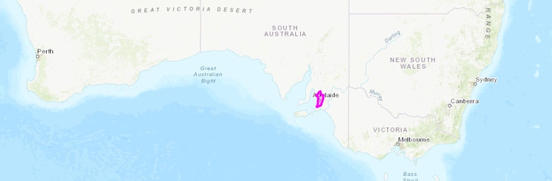 Map of the southern half of Australia. A purple pin is marked on the coast near the South Australia-Victoria border