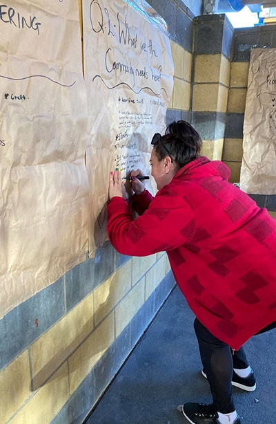 A woman is writing on a large sheet of paper stuck to a wall