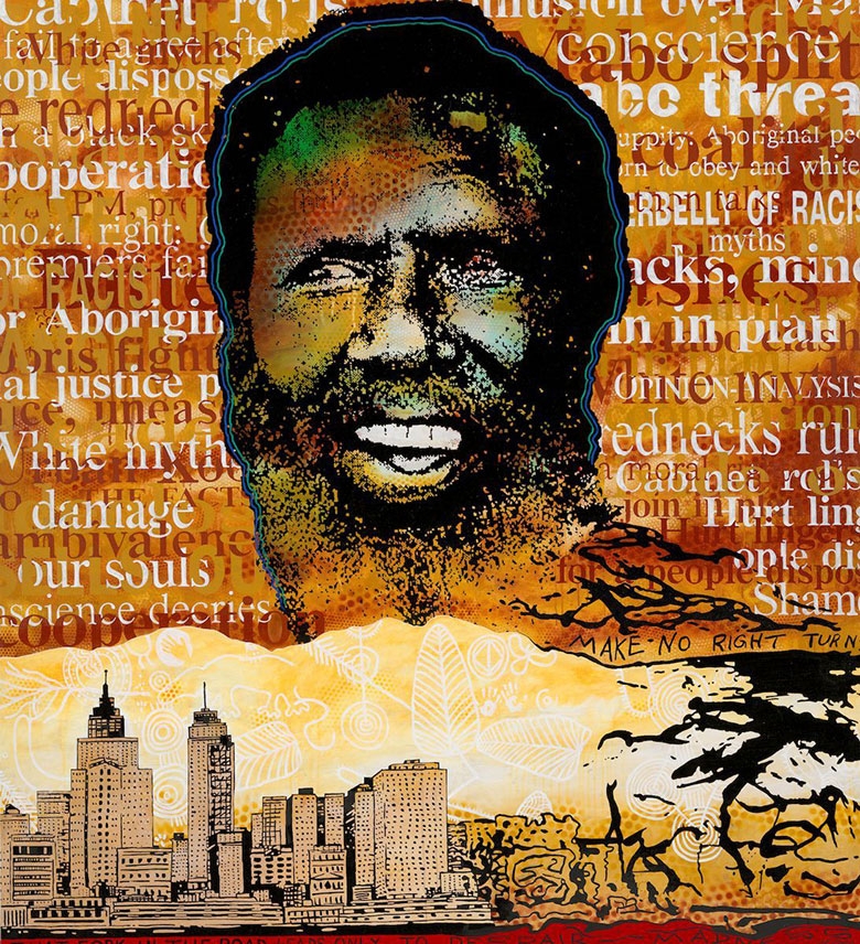 An artistic image of a man's head with words in the background. Below the man are a city and the bush